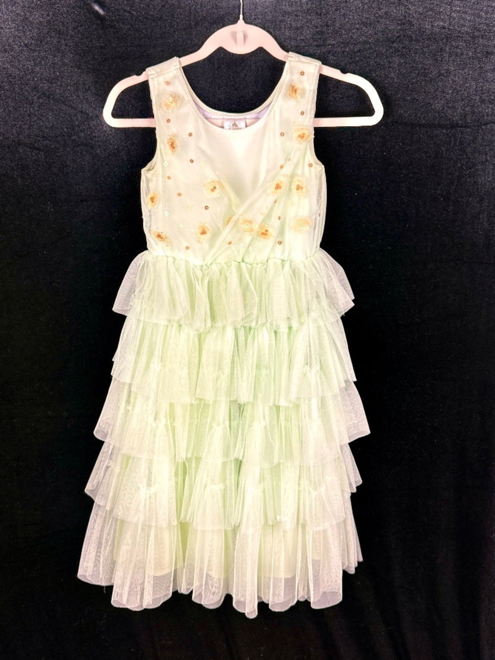 Disney Princess Tiana Dress 9/10 Mint Green Soft Tulle wSequins Ruffled Skirt